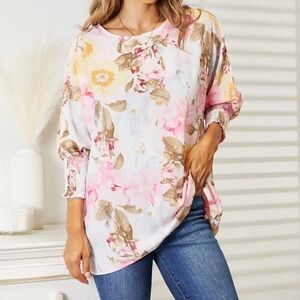 Double Take Floral Round Neck Three-Quarter Sleeve Top
